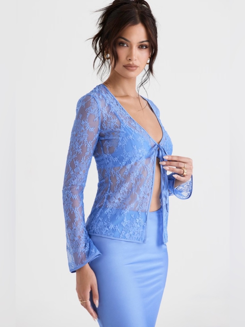 House of CB PHOEBE Blue Lace Tie Front Top 2 pieces - Picture 8 of 13